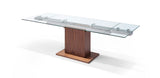 Pilastro Extendable Dining Table 10Mm Tempered Clear Glass Top, Stainless Steel Frame, Walnut Ve...