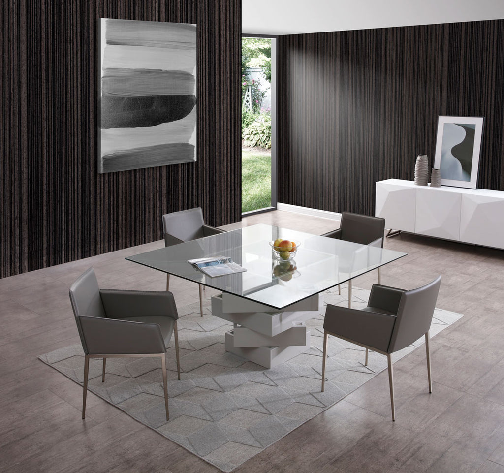 Carson Dining Table, High Gloss Gray Lacquer Geometric Base With Mirrors, 12Mm Clear Glass Top