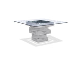 Carson Dining Table, High Gloss Gray Lacquer Geometric Base With Mirrors, 12Mm Clear Glass Top