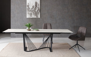 Roma Extendable Dining Table, 8 Mm Glass + 3 Mm White Ceramic Top, Black Powder Quoted Metal Base