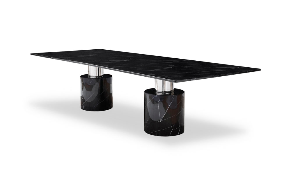 Geneva Dining Table, Black Marble Glossy Top; Base:Polished Stainless Steel & Marble Glossy