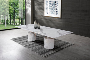 Geneva Dining Table, Marble White Glossy; Base:Polished Stainless Steel & Marble Glossy