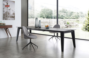 Theo Extendable Dining Table, 6Mm Glass + 3Mm Ceramic Top, Birch Wood Legs In Black