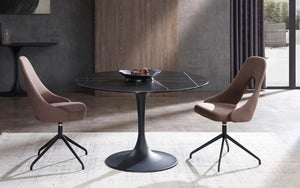 Amarosa Round Dining Table, 8Mm Clear Glass+ 5.5Mm Ceramic Top, Black Powder Coated Metal Base