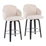 Dahlia Contemporary Counter Stool in Black Wood and Cream Fabric with Round Chrome Footrest by LumiSource - Set of 2