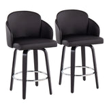 Dahlia Contemporary Counter Stool in Black Wood and Black Faux Leather with Round Chrome Footrest by LumiSource - Set of 2