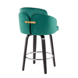 Dahlia Contemporary Counter Stool in Black Wood and Green Velvet with Gold Metal Accent and Round Chrome Footrest by LumiSource - Set of 2