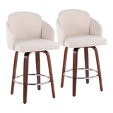 Dahlia Contemporary Counter Stool in Walnut Wood and Cream Fabric with Round Chrome Footrest by LumiSource - Set of 2