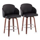 Dahlia Contemporary Counter Stool in Walnut Wood and Black Faux Leather with Round Chrome Footrest by LumiSource - Set of 2