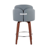Dahlia Contemporary Counter Stool in Walnut Wood and Grey Faux Leather with Round Chrome Footrest by LumiSource - Set of 2