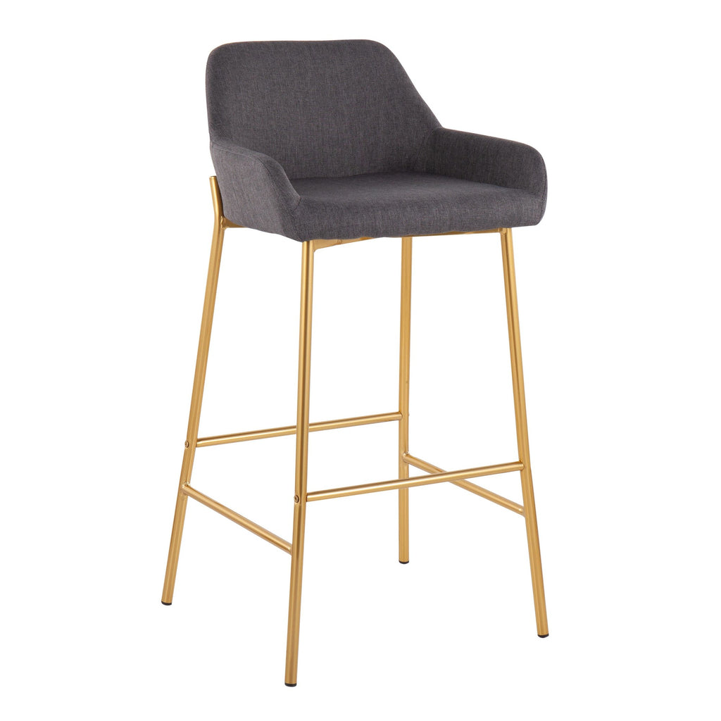 Daniella Contemporary/Glam Fixed-Height Bar Stool in Gold Metal and Charcoal Fabric by LumiSource - Set of 2