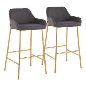Daniella Contemporary/Glam Fixed-Height Bar Stool in Gold Metal and Charcoal Fabric by LumiSource - Set of 2