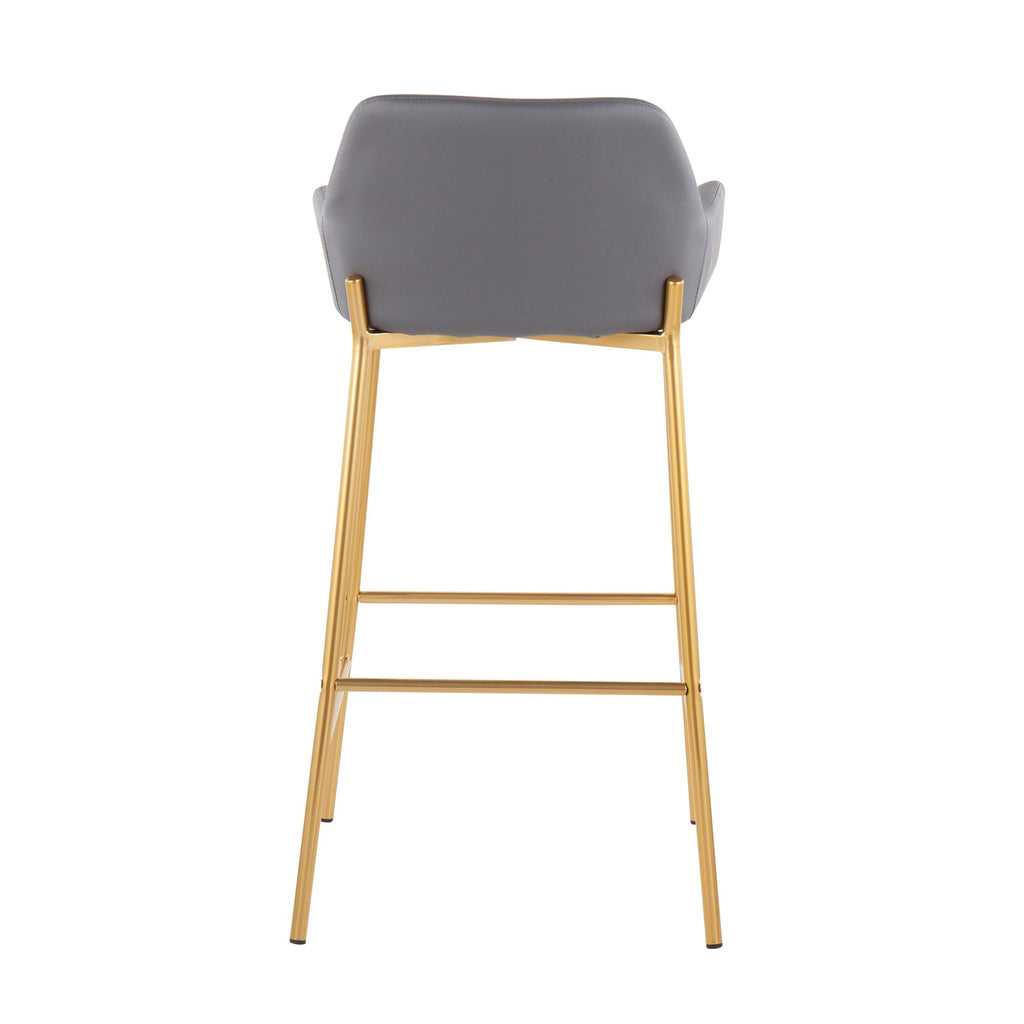 Daniella Contemporary/Glam Fixed-Height Bar Stool in Gold Metal and Grey Faux Leather by LumiSource - Set of 2