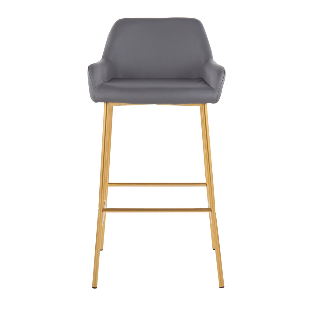 Daniella Contemporary/Glam Fixed-Height Bar Stool in Gold Metal and Grey Faux Leather by LumiSource - Set of 2