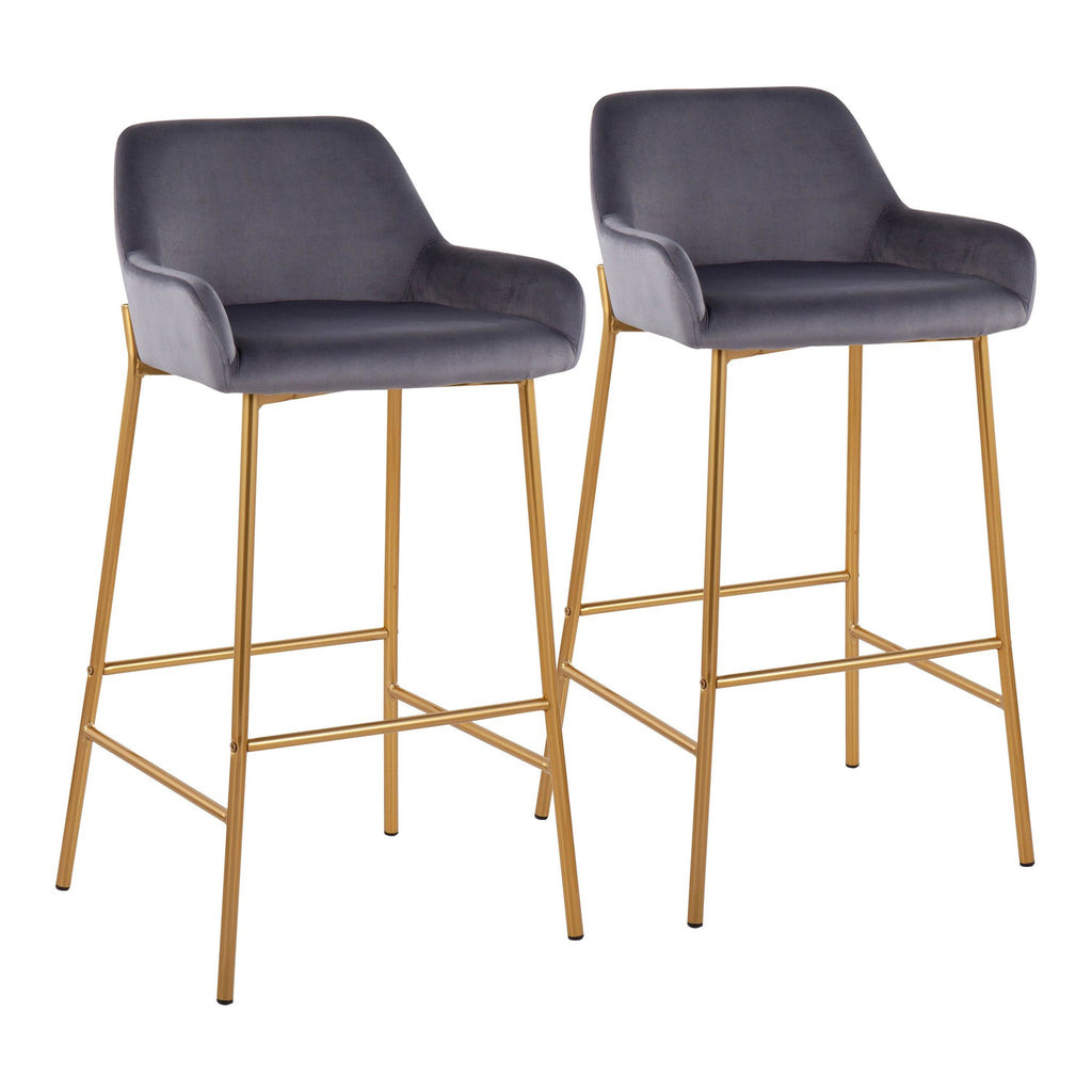 Daniella Contemporary/Glam Fixed-Height Bar Stool in Gold Metal and Silver Velvet by LumiSource - Set of 2