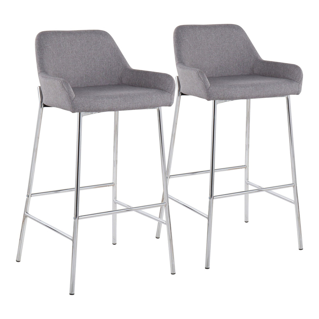 Daniella Contemporary Fixed-Height Bar Stool in Chrome Metal and Grey Fabric by LumiSource - Set of 2