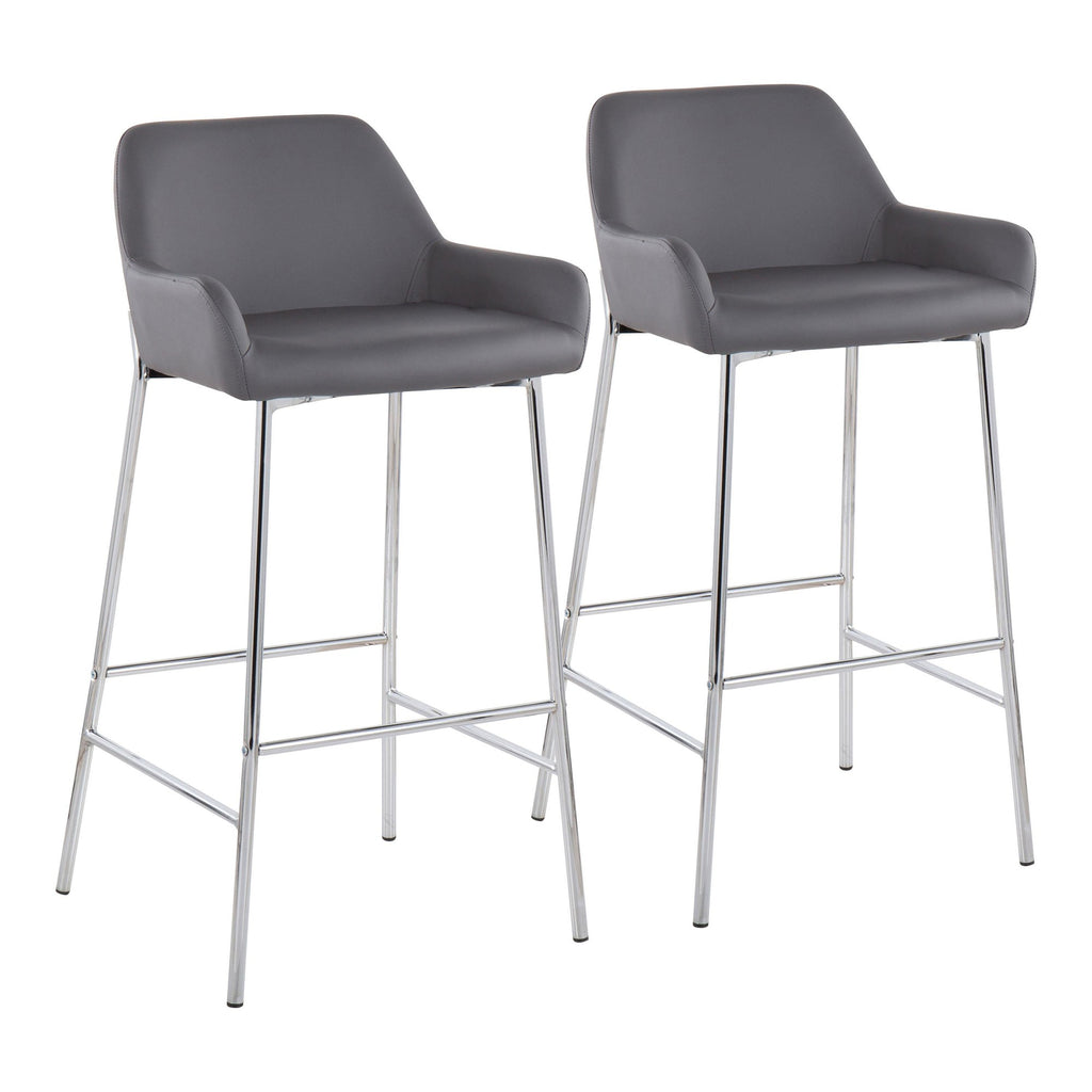 Daniella Contemporary Fixed-Height Bar Stool in Chrome Metal and Grey Faux Leather by LumiSource - Set of 2