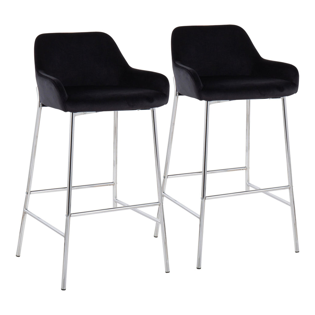 Daniella Contemporary Fixed-Height Bar Stool in Chrome Metal and Black Velvet by LumiSource - Set of 2
