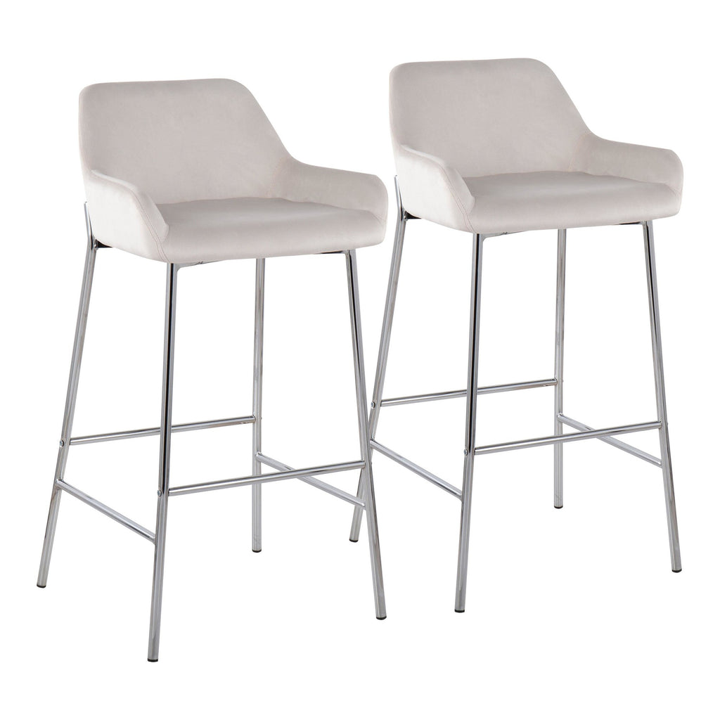 Daniella Contemporary Fixed-Height Bar Stool in Chrome Metal and White Velvet by LumiSource - Set of 2