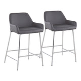Daniella Contemporary Fixed-Height Counter Stool in Chrome Metal and Grey Faux Leather by LumiSource - Set of 2