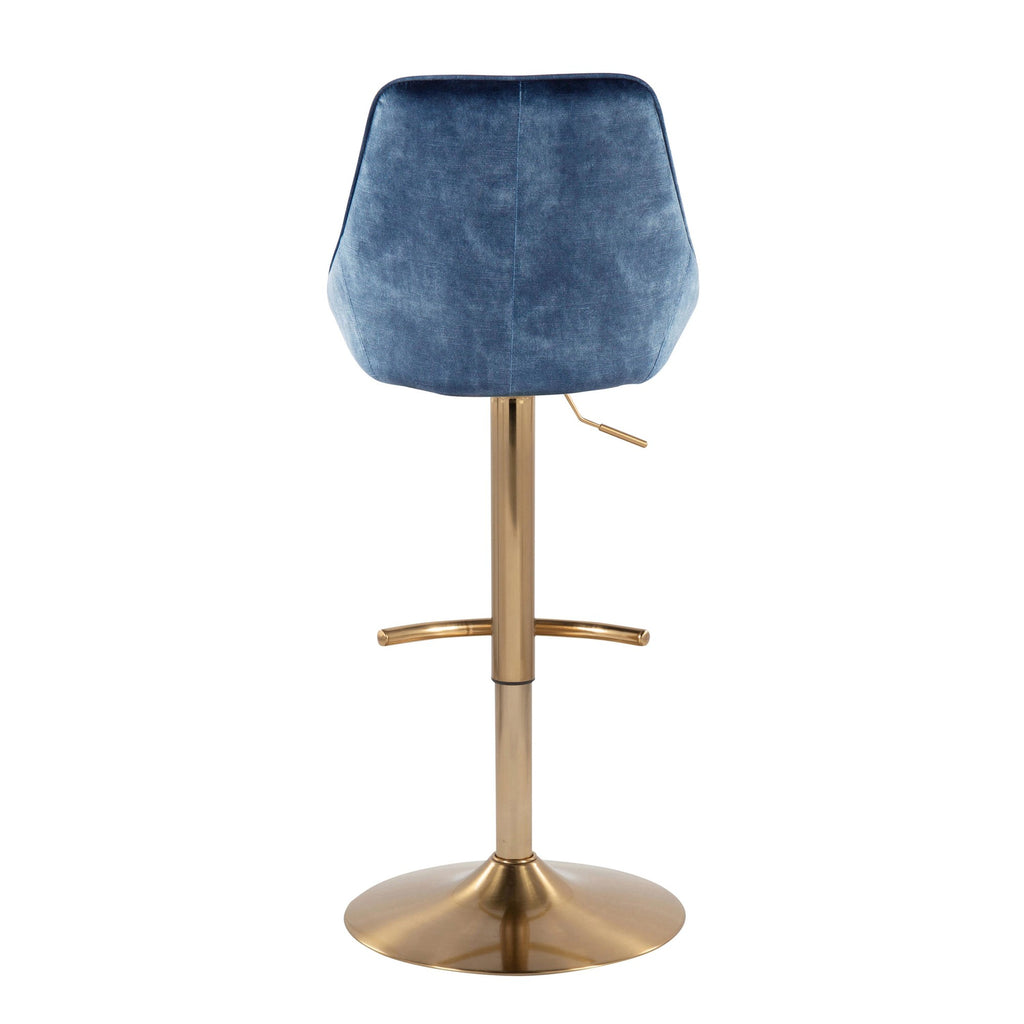 Diana Contemporary Adjustable Bar Stool in Gold Steel with Rounded T Footrest and Blue Velvet by LumiSource - Set of 2