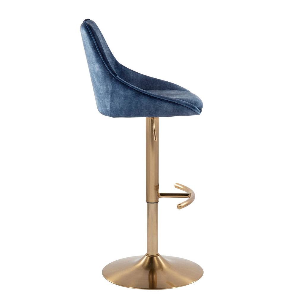 Diana Contemporary Adjustable Bar Stool in Gold Steel with Rounded T Footrest and Blue Velvet by LumiSource - Set of 2