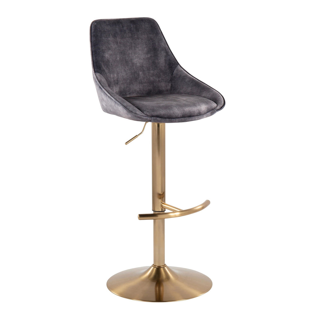 Diana Contemporary Adjustable Bar Stool in Gold Steel with Rounded T Footrest and Grey Velvet by LumiSource - Set of 2