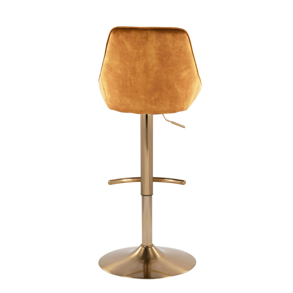 Diana Contemporary Adjustable Bar Stool in Gold Steel with Rounded T Footrest and Yellow Velvet by LumiSource - Set of 2