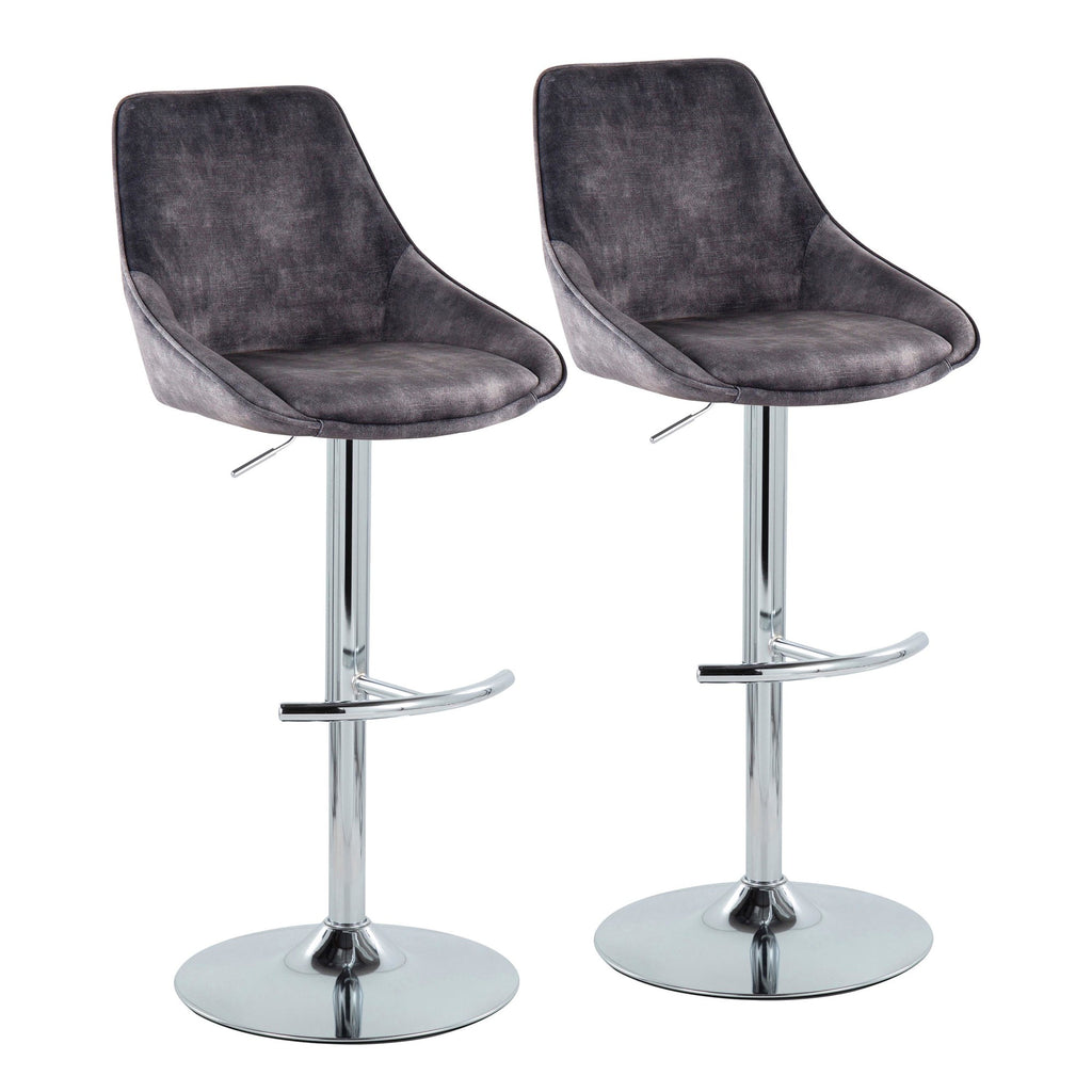 Diana Contemporary Adjustable Bar Stool in Chrome with Rounded T Footrest and Grey Velvet by LumiSource - Set of 2