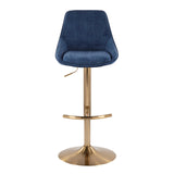 Diana Contemporary Adjustable Bar Stool in Gold Steel with Rounded T Footrest and Blue Corduroy by LumiSource - Set of 2