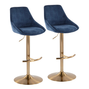 Diana Contemporary Adjustable Bar Stool in Gold Steel with Rounded T Footrest and Blue Corduroy by LumiSource - Set of 2