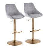 Diana Contemporary Adjustable Bar Stool in Gold Steel with Rounded T Footrest and Grey Corduroy by LumiSource - Set of 2