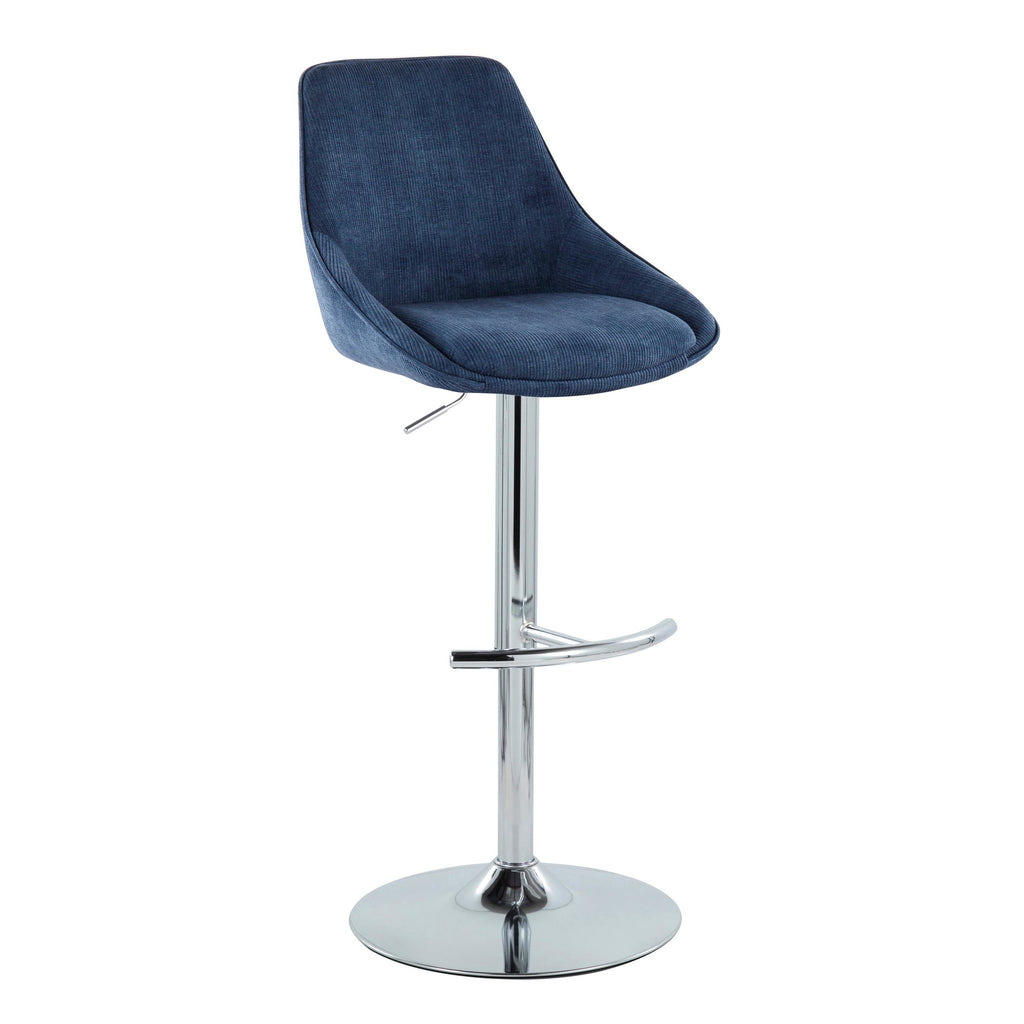 Diana Contemporary Adjustable Bar Stool in Chrome with Rounded T Footrest and Blue Corduroy by LumiSource - Set of 2