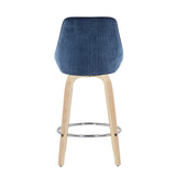 Diana Contemporary Fixed-Height Counter Stool with Natural Wood Legs and Round Chrome Footrest with Blue Corduroy Fabric by LumiSource - Set of 2