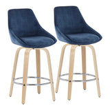 Diana Contemporary Fixed-Height Counter Stool with Natural Wood Legs and Round Chrome Footrest with Blue Corduroy Fabric by LumiSource - Set of 2