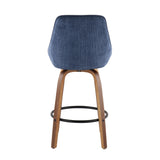 Diana Contemporary Counter Stool in Walnut Wood and Blue Corduroy with Black Round Footrest by LumiSource - Set of 2