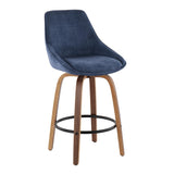 Diana Contemporary Counter Stool in Walnut Wood and Blue Corduroy with Black Round Footrest by LumiSource - Set of 2