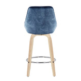 Diana Contemporary Fixed-Height Counter Stool with Natural Wood Legs and Round Chrome Footrest with Blue Velvet Fabric by LumiSource - Set of 2