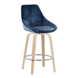 Diana Contemporary Fixed-Height Counter Stool with Natural Wood Legs and Round Chrome Footrest with Blue Velvet Fabric by LumiSource - Set of 2