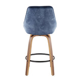 Diana Contemporary Counter Stool in Walnut Wood and Blue Velvet with Black Round Footrest by LumiSource - Set of 2