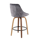 Diana Contemporary Counter Stool in Walnut Wood and Grey Velvet with Black Round Footrest by LumiSource - Set of 2