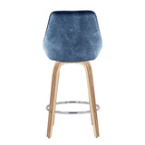 Diana Contemporary Fixed-Height Counter Stool with Zebra Wood Legs and Round Chrome Footrest with Blue Velvet Fabric by LumiSource - Set of 2