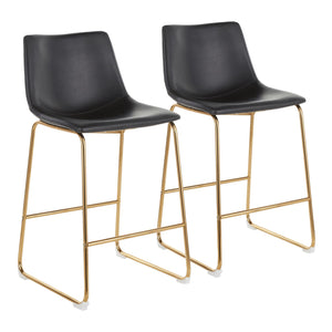 Duke Contemporary Counter Stool in Gold Metal and Black Faux Leather by LumiSource - Set of 2