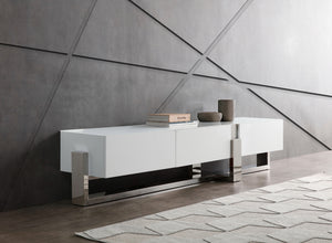 Blake Tv Unit 5Mm Tempered Crystal Frosted Glass Top Matte White Polished Stainless Steel Base.