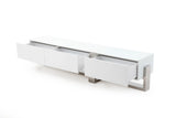 Blake Tv Unit 5Mm Tempered Crystal Frosted Glass Top Matte White Polished Stainless Steel Base.