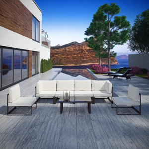 Fortuna 7 Piece Outdoor Patio Sectional Sofa Set Brown White EEI-1729-BRN-WHI-SET