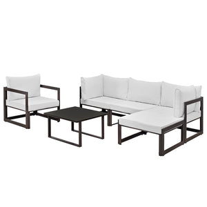 Fortuna 6 Piece Outdoor Patio Sectional Sofa Set Brown White EEI-1731-BRN-WHI-SET