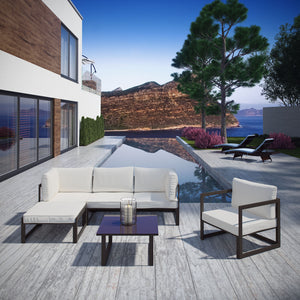 Fortuna 6 Piece Outdoor Patio Sectional Sofa Set Brown White EEI-1731-BRN-WHI-SET