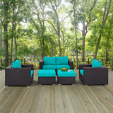 Convene 5 Piece Outdoor Patio Sofa Set Espresso Turquoise EEI-2158-EXP-TRQ-SET