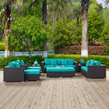 Convene 9 Piece Outdoor Patio Sofa Set Espresso Turquoise EEI-2161-EXP-TRQ-SET
